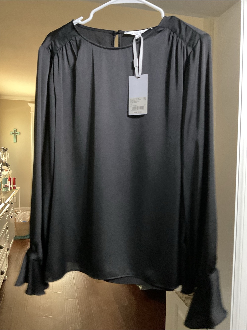NWT Women’s Black Long-Sleeve Satin Blouse